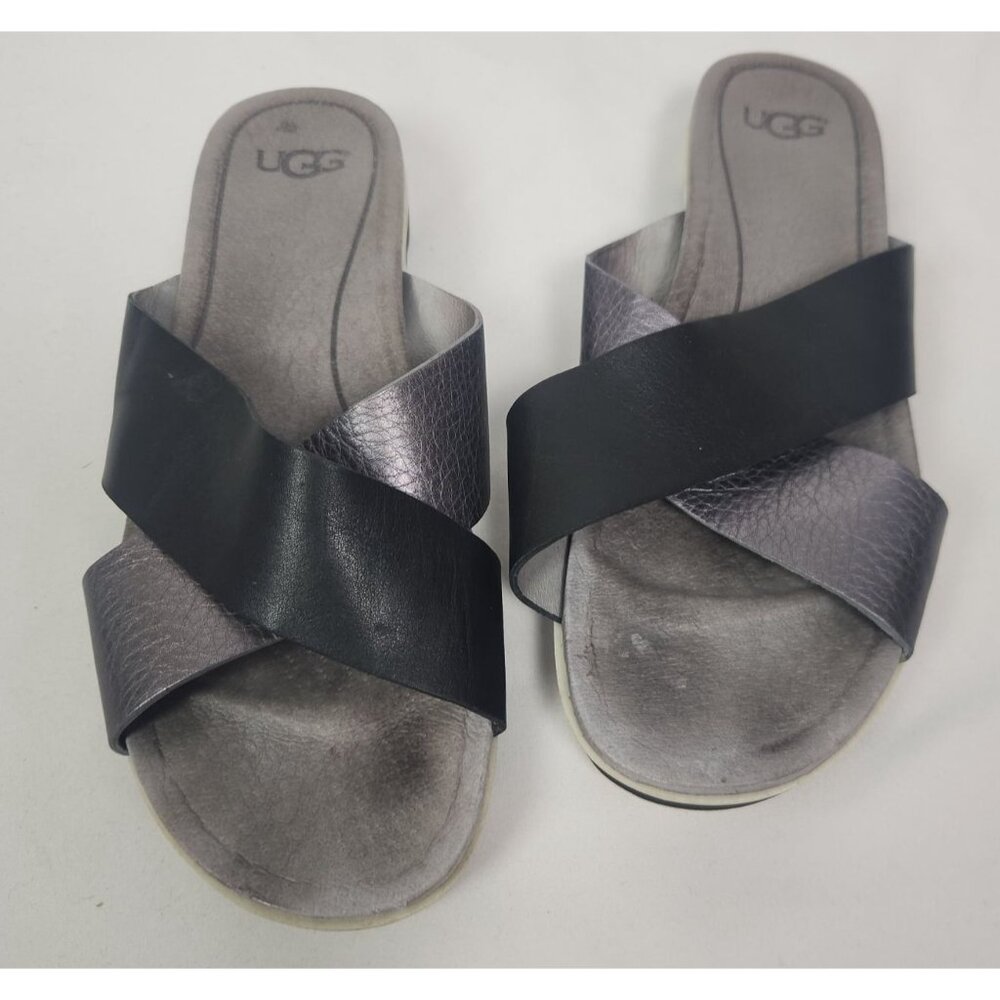 UGG Women's Sz. 9 Black & Silver Leather Kari Slide on Sandals
